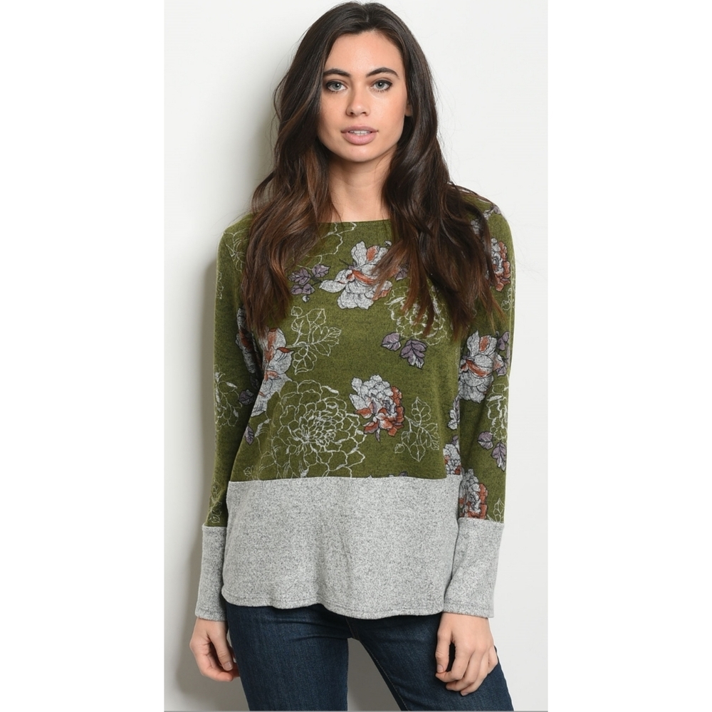 Olive soft floral block contrast pullover tunic